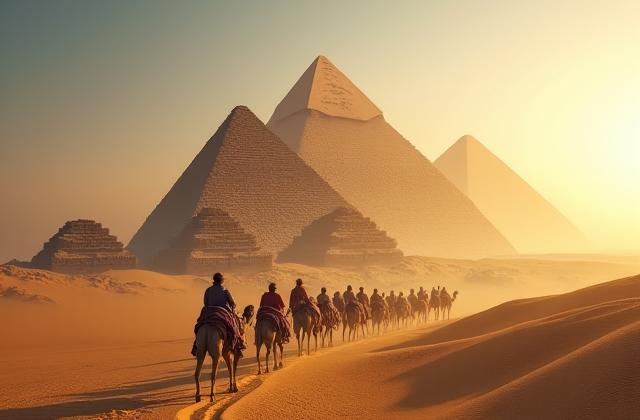 ギザのピラミッド - エジプトの広大な砂漠にそびえ立つ、世界的に有名な古代の驚異。