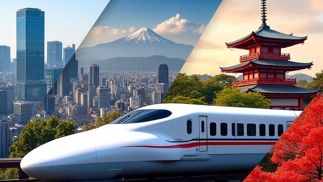 東京、京都、広島の象徴的なランドマークと新幹線